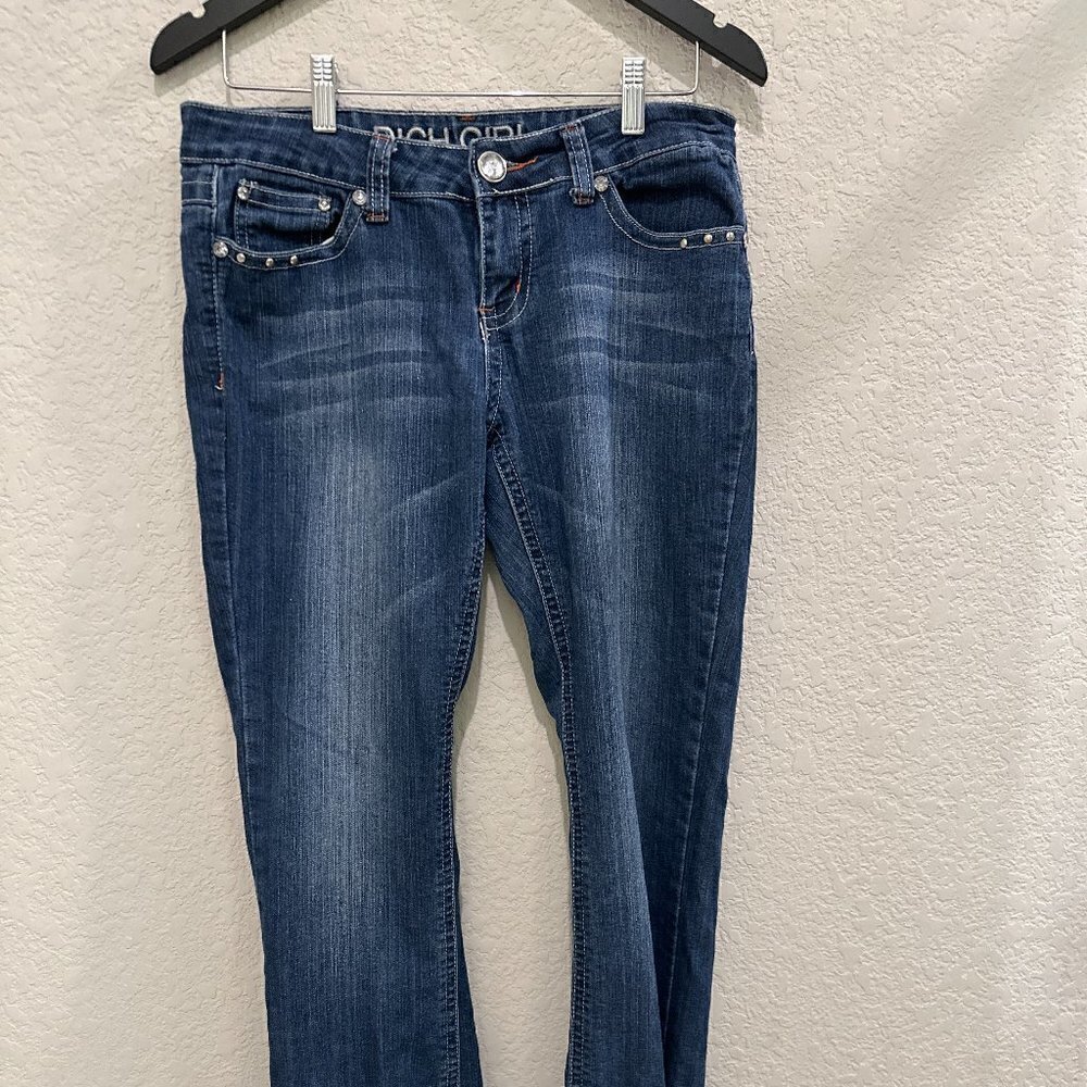 Rich Girl Women's Blue Raw Hem Jeans With Bling On Back Pocket Size 9